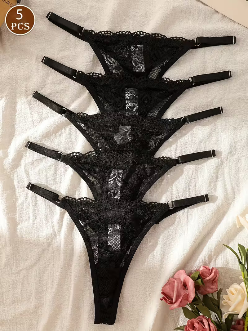 Zestaw 5 koronkowych stringów – regulowane paski i subtelna transparentność