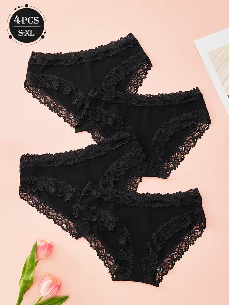 Zestaw 4 bawełnianych majtek z koronką – średni stan i klasyczna czerń