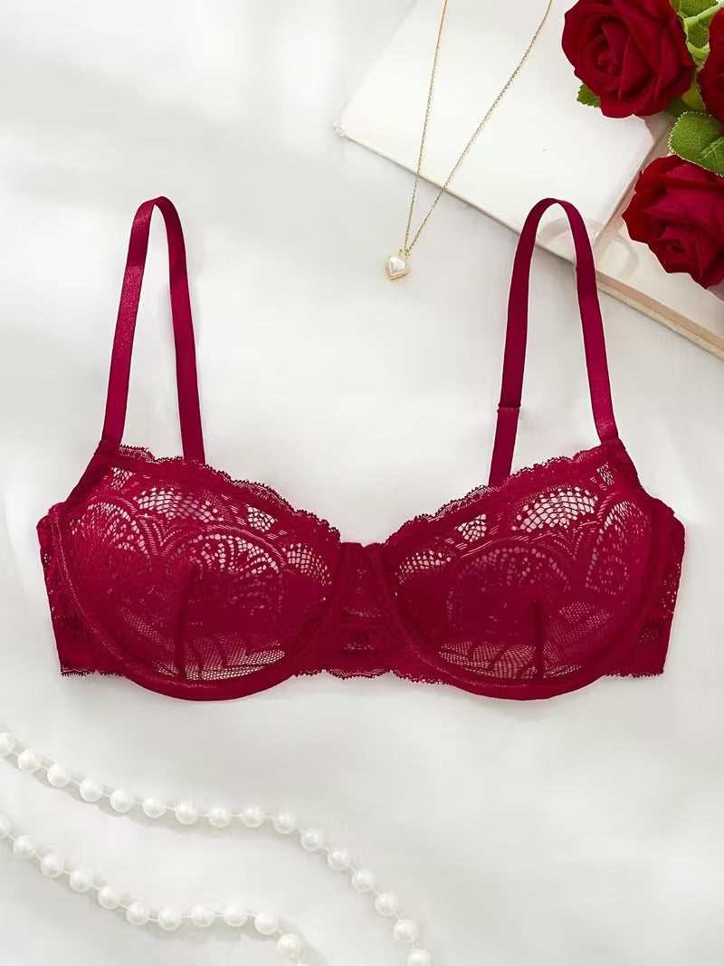 Koronkowy biustonosz z fiszbinami – winna czerwień i delikatna forma