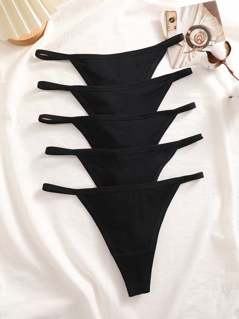 Zestaw 5 bawełnianych stringów – minimalistyczna czerń i codzienny komfort