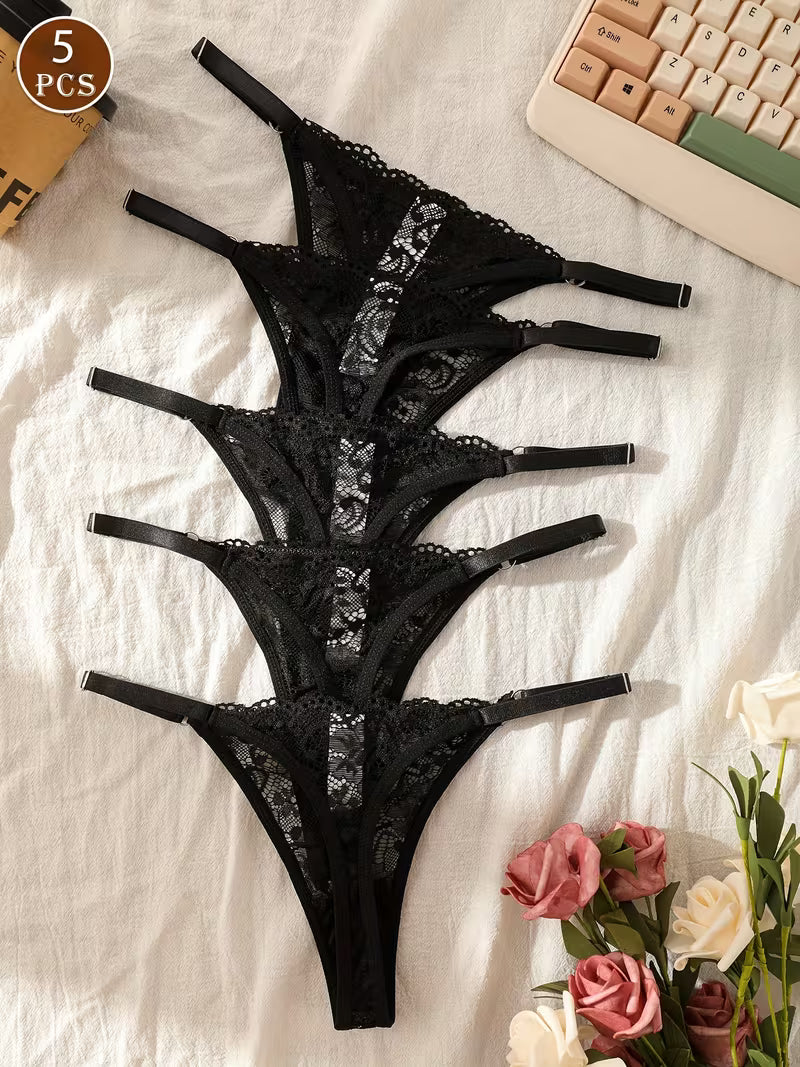 Zestaw 5 koronkowych stringów – regulowane paski i subtelna transparentność