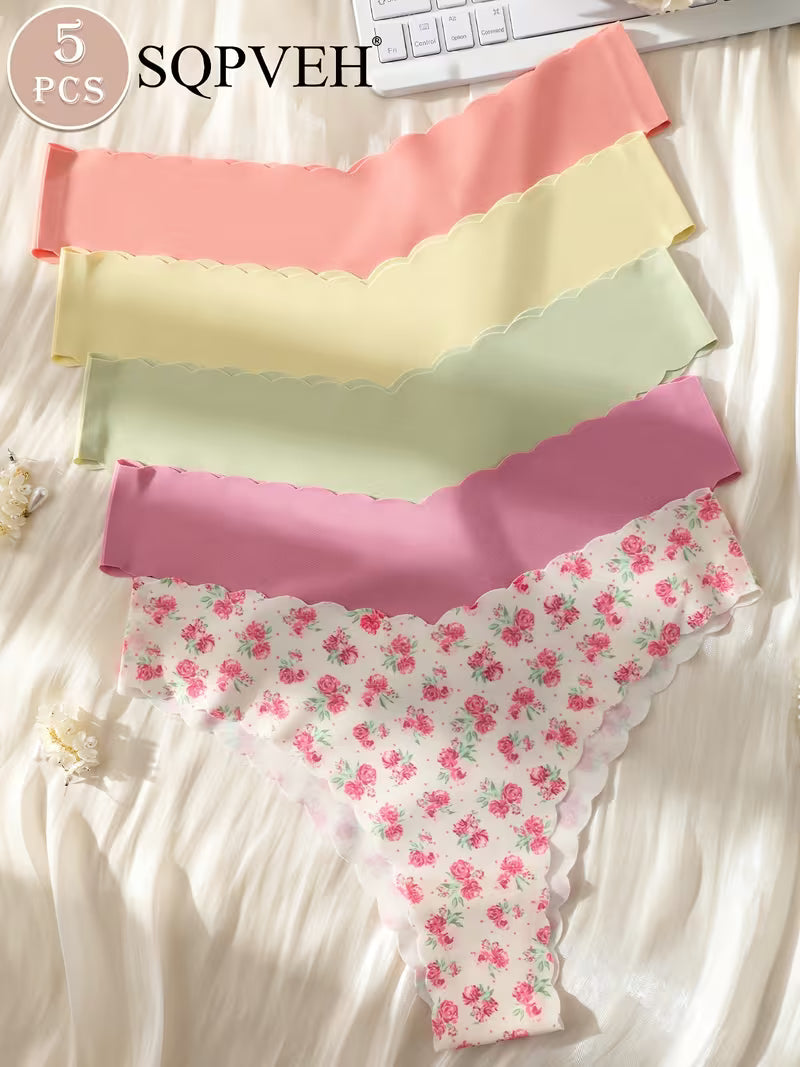 Zestaw bezszwowych majtek damskich 5 sztuk – pastelowe kolory i falbankowa linia