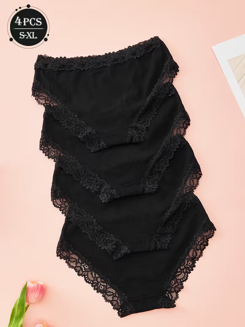 Zestaw 4 bawełnianych majtek z koronką – średni stan i klasyczna czerń