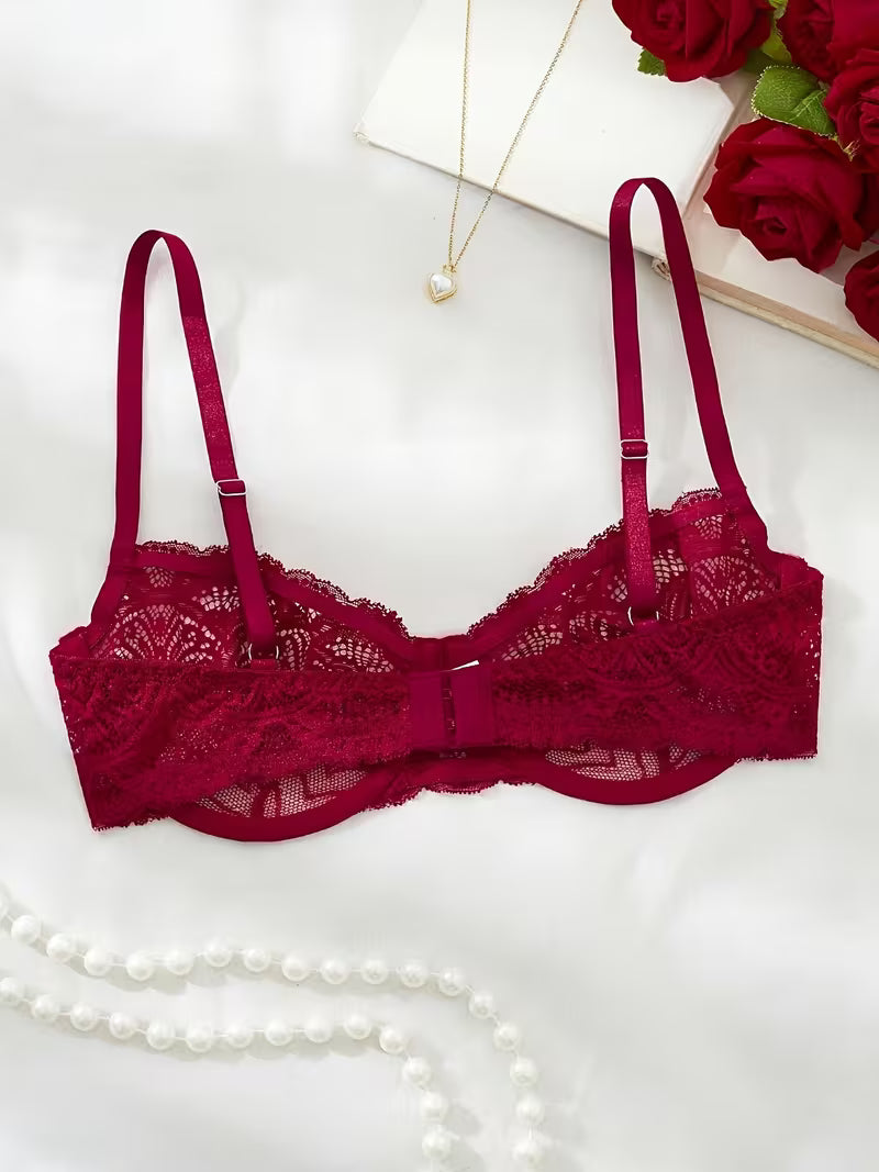 Koronkowy biustonosz z fiszbinami – winna czerwień i delikatna forma