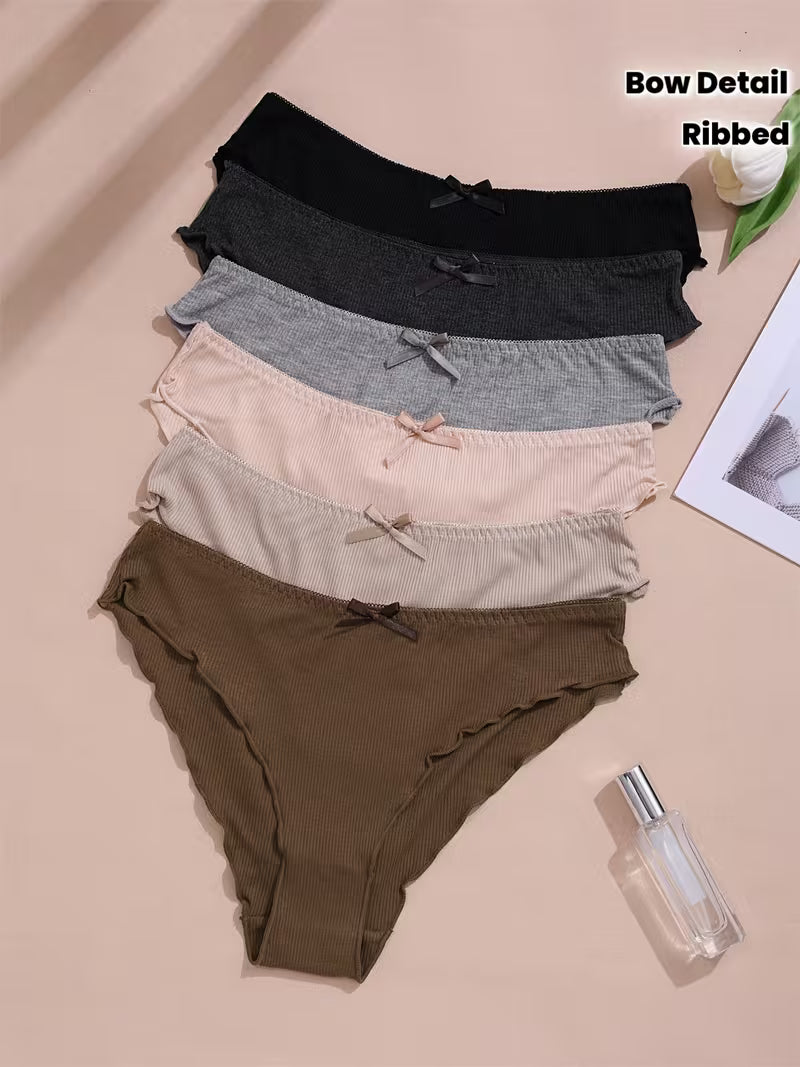 Zestaw 6 sztuk damskich majtek z niskim stanem – prążkowana faktura i subtelna kokarda