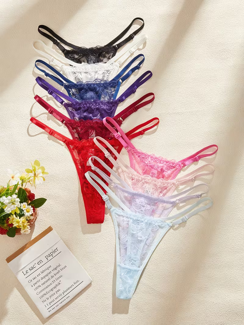 Zestaw 10 sztuk koronkowych stringów damskich – regulowana forma i kobiecy akcent