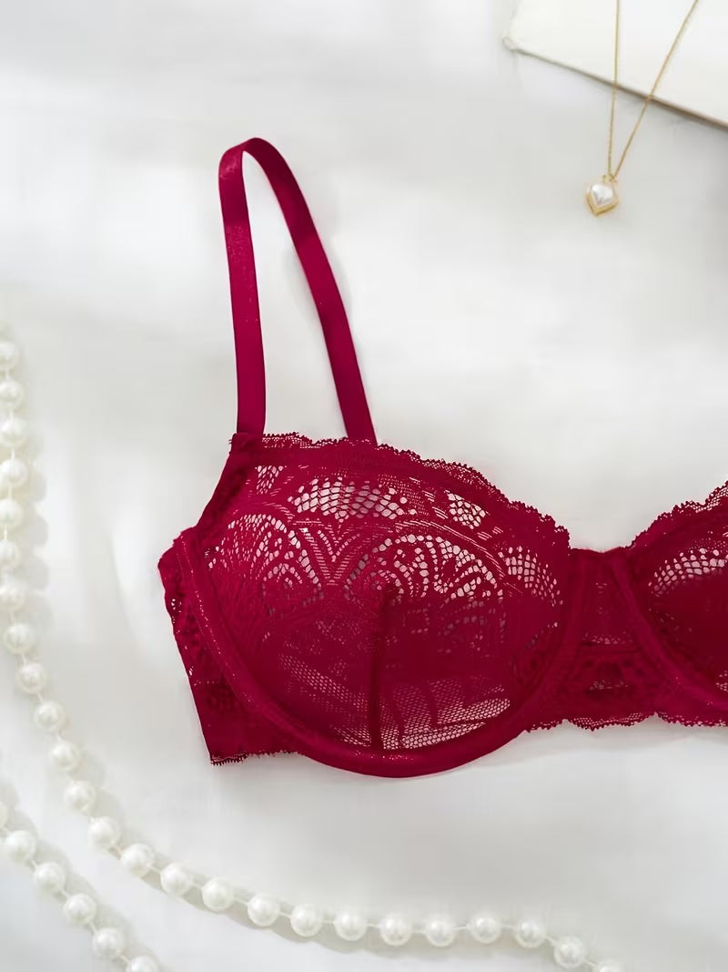 Koronkowy biustonosz z fiszbinami – winna czerwień i delikatna forma
