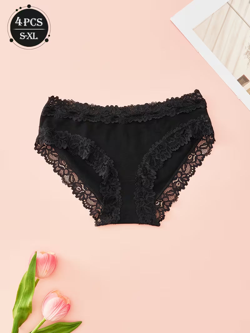 Zestaw 4 bawełnianych majtek z koronką – średni stan i klasyczna czerń