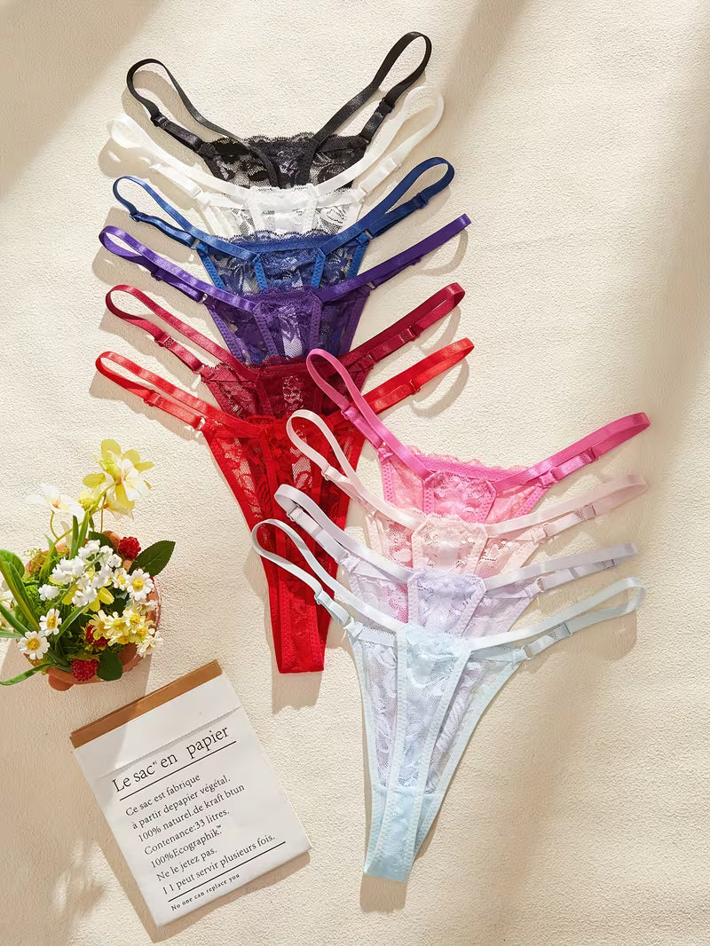 Zestaw 10 sztuk koronkowych stringów damskich – regulowana forma i kobiecy akcent