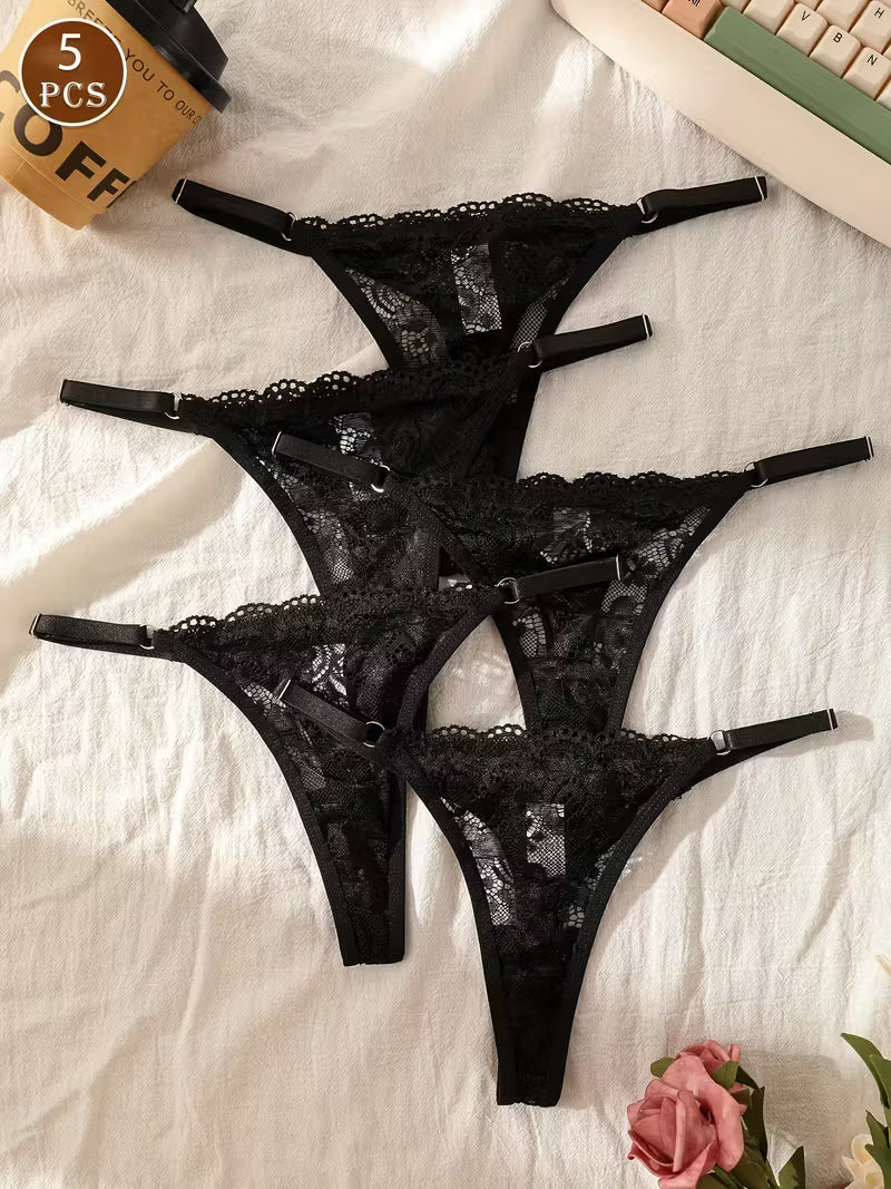 Zestaw 5 koronkowych stringów – regulowane paski i subtelna transparentność
