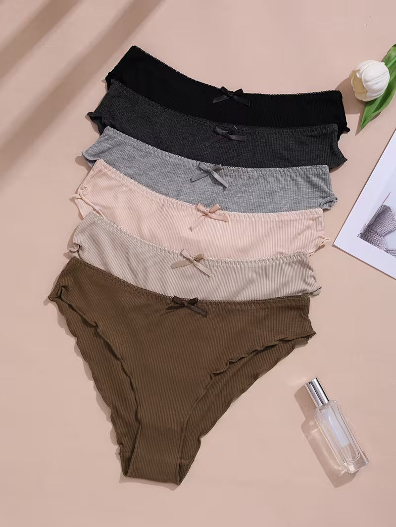 Zestaw 6 sztuk damskich majtek z niskim stanem – prążkowana faktura i subtelna kokarda