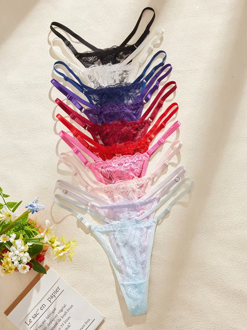 Zestaw 10 sztuk koronkowych stringów damskich – regulowana forma i kobiecy akcent